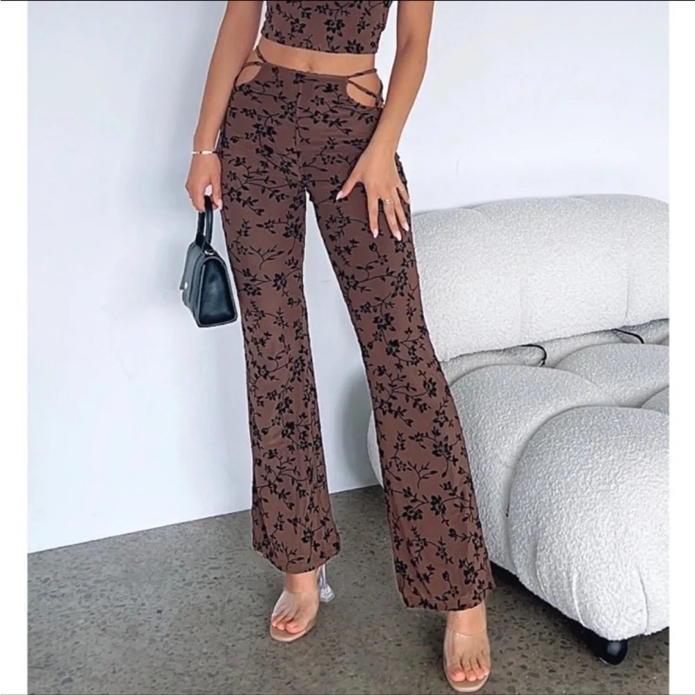 White Fox Boutique Brown Floral Boot Cut Pants - Picture 3 of 4